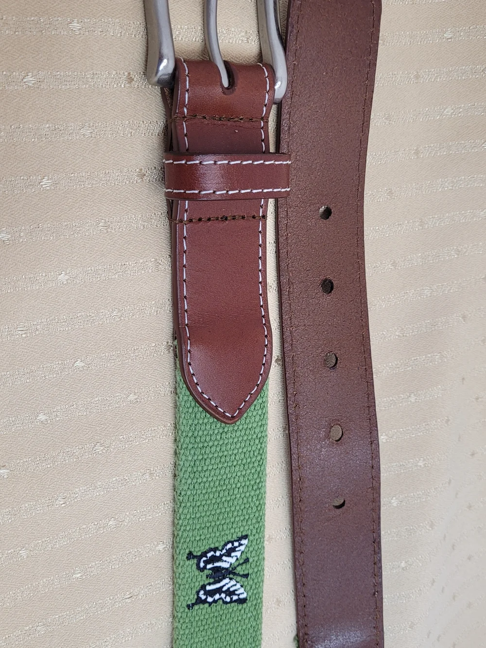 Peter Millar Bandon Trails Golf Belt Size 38 Canvas Leather Butterfly Logo Green